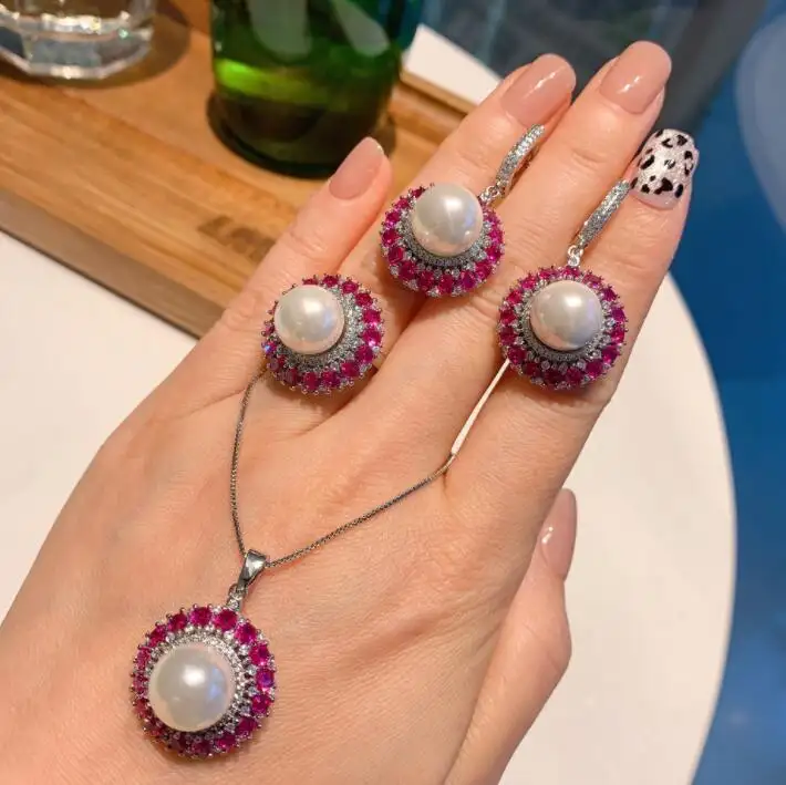 Тренд 925 стерлингового серебра 12 мм, белые пресноводные жемчужины Рубин драгоценный камень кулон ожерелье серьги-кольца для женщин Свадебная вечеринка ювелирные наборы