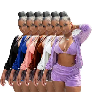 JL271 сексуальные фланелевые костюмы из трех предметов для женщин, осенний спортивный костюм, длинное однотонное пальто, бикини, нижнее белье, топ, повседневные шорты, женские комплекты