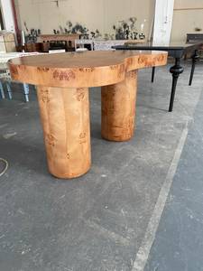 <strong>Mid</strong> <strong>century</strong> Biomorphic Mappa Burl Wood Kidney Shaped Writing Desk, Luxury Home Office <strong>Console</strong> <strong>Table</strong> with Double Cylindrical Legs - Product Image 4