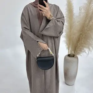 2024 Wholesale Islamic Turkey EID Ramadan Modest Dubai Abaya Buttons Girl Plain Women Muslim Dress Linen Open Kimono Abaya