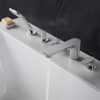 Robinet de baignoire romain à bec courbé en chrome poli avec douchette à main, 5 trous, triple levier fin, douchette ronde, robinet de baignoire à montage sur pont
