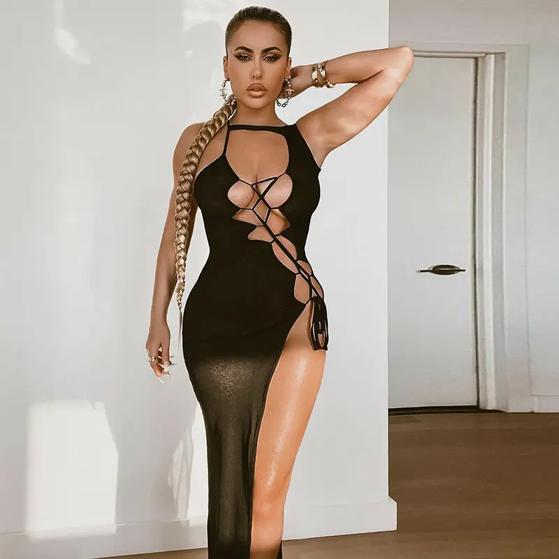 Hot Sale Ärmellose Hollow Out Kordel zug Seitens chlitz Solid Bodycon Sexy Nachtclub Kleid Damen größe Damen bekleidung