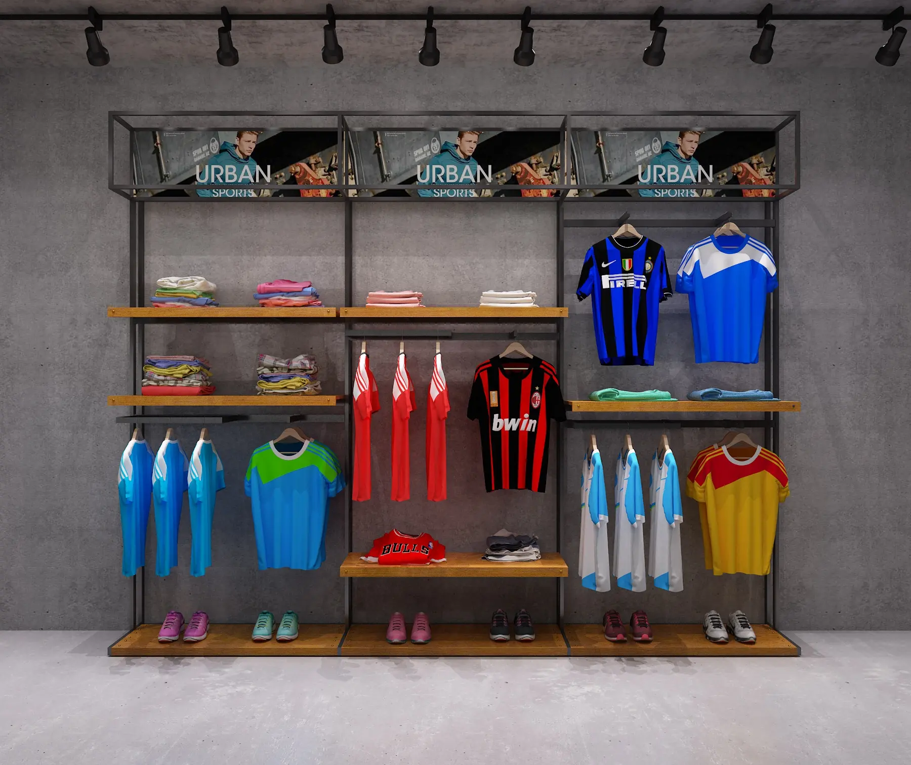 Custom China Factory Directly Sportswear Store Fixtures Interior Design Retail Fancy Brand Shop Sports Clothing Rack Display