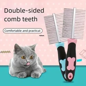 Dog Grooming Comb Pet Double-Sided Flea Comb Cat Stainless Steel Shedding Brush Double Sided Pet Comb with Slip-Proof Handle
