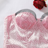 Ensemble de lingerie sexy rose à pois pour femme, corset bustier en satin avec jarretelles, string et bas, ensemble 3 pièces, vente en gros