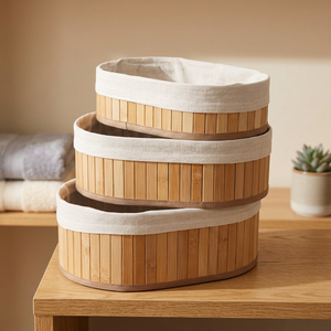 Oval Bamboo Storage <b>Baskets</b> with <b>Linen</b> Lining Stackable Eco-Friendly Multi-Purpose Nordic Style Organizers - Product Image 2