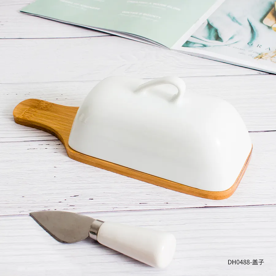 Custom white ceramic cover with bamboo wooden tray knife porcelain butter keeper ceramic butter dish