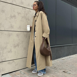 Abrigo de Gabardina Grueso de Algodón Tejido Color Caqui, Nuevo para Primavera-Otoño 2025, para Mujer, Extralargo, Cierre de un Solo Botón, Estilo Británico, Elegante, con Capucha - Product Image 3