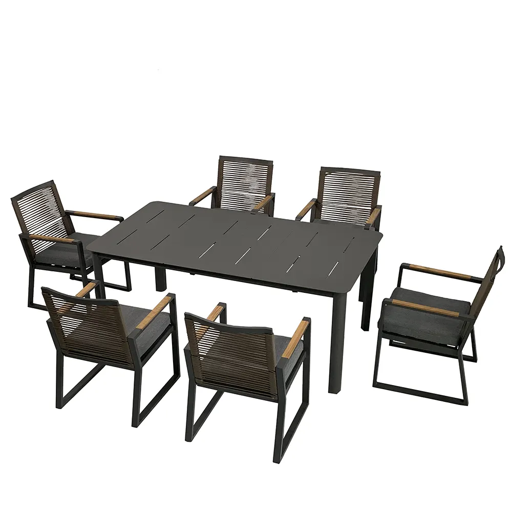 Juego de muebles de exterior para jardín, silla de comedor y mesa de madera de teca, juego de comedor de cuerda para Patio, muebles de comedor de jardín