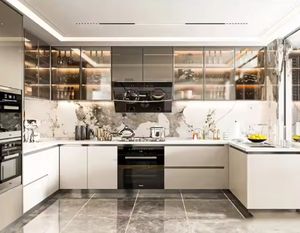 Ensemble d'armoires de cuisine en bois pliantes de style moderne personnalisé, en contreplaqué, finition brillante, tiroirs à fermeture douce, meubles en mélamine pour la cuisine - Product Image 6