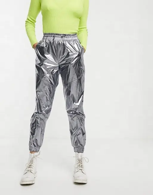 New arrivals match garment metallic cargo pants in silver elastic waist pants