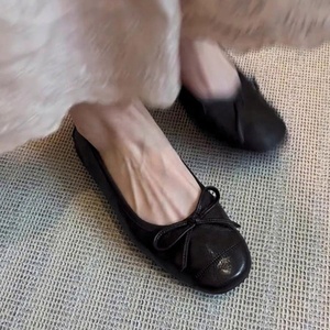 Ballerines en cuir véritable à bout rond, à enfiler, couleur unie, avec nœud décoratif, chaussures plates souples pour femmes, toutes saisons - Product Image 4