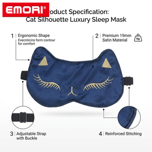 Masque de sommeil en satin avec oreilles de chat mignonnes, broderie, masque pour les yeux doux pour la peau, effet soie, avec sangle élastique réglable - Product Image 2