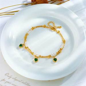 Vintage Emerald Heart Two Layers Anklet Gold Plated Stainless Steel Transparent Crystal Bead Tiny Ball Charm Beaded Anklet - Product Image 3