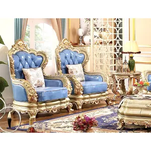 Großhandel blau antike goldene Villa Holz Schnitts tühle für Lounge Luxus europäischen Stil Couch Sofa Set Möbel Wohnzimmer
