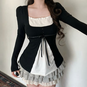 เสื้อยืดแขนยาวผู้หญิงทรงเอไลน์เข้ารูป แต่งสีสันแบบคัลเลอร์บล็อก ดีไซน์เลเยอร์ ตัดต่อผ้าแบบแพทช์เวิร์ค สไตล์ลำลอง ผ้าถัก - Product Image 6