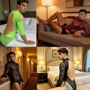 Hotnight Men's <b>Fishnet</b> <b>Long</b> <b>Sleeve</b> Bodycon Bodysuit See Through Hollow Knit Stretch <b>Top</b> Sexy Underwear Summer 2025 - Product Image 1