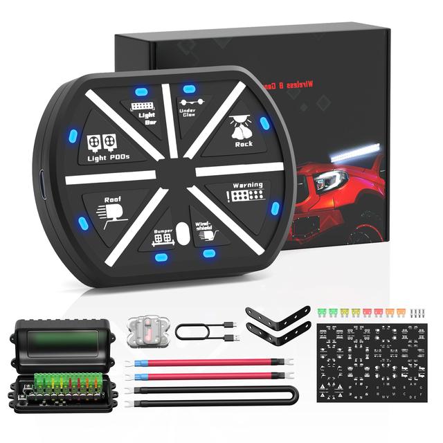 Wireless 8 Gang Switch Panel Relay Box Kit with 128 Stickers LED Backlight Control System for Car Marine Offroad 12V DC
