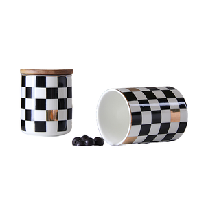 Nordic Checkerboard Pattern Ceramic <b>Storage</b> Jar Wooden Lid for Coffee Flower Tea Cosmetic <b>Storage</b> Back School Food Cat Canister - Product Image 1