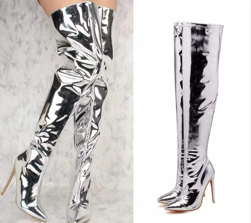 2021 Fashion Design Women Boots Silver Mirrored Pu Leather Pointed Toe Stiletto Heeled Knee High Boots