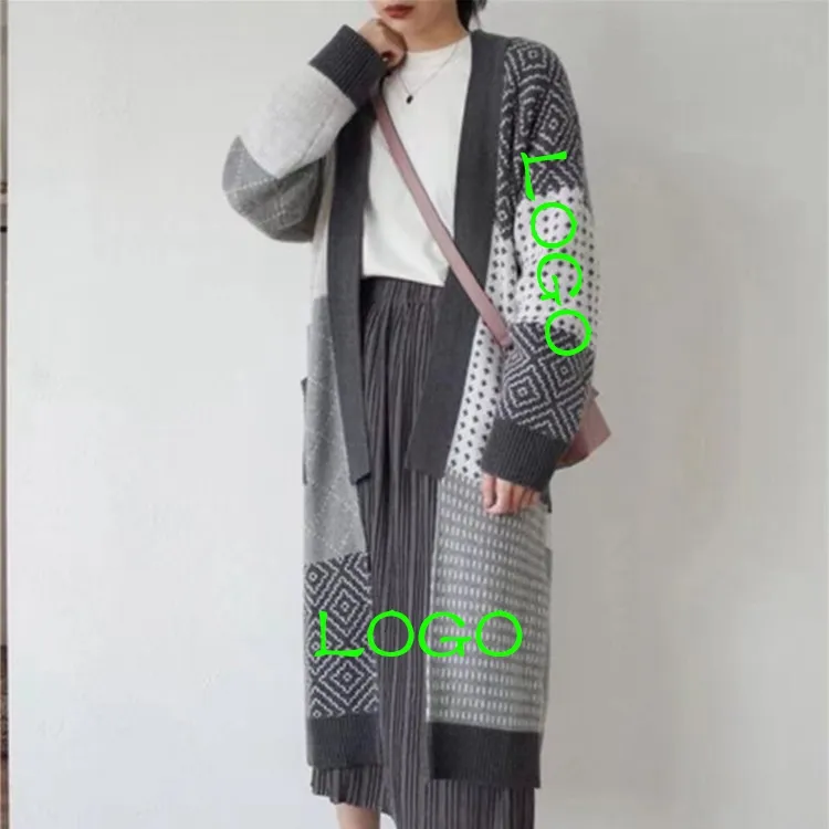 Lazy Custom Modelle von Frauen Herbst und Winter kniehohe Wolle Strickjacke lose Beule Farbe Jacquard verdickt Sweater Coat