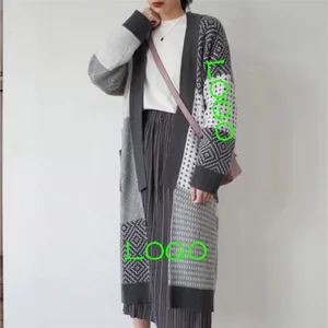 Lazy custom models of women's autumn and winter knee-high wool knitted cardigan loose bump color jacquard thickened Sweater Coat