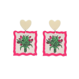 Boucles d'oreilles pendantes Angelina, motif floral, cadre rose, breloque cœur, bijoux de mode pour femme - Product Image 1