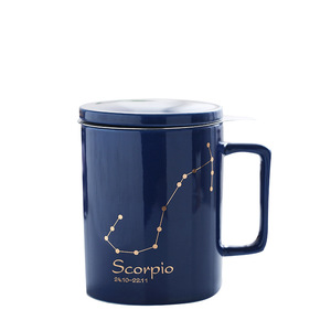 Mug en céramique avec couvercle et filtre, design zodiacal, porcelaine bleue, pour café, thé, usage domestique - Product Image 5