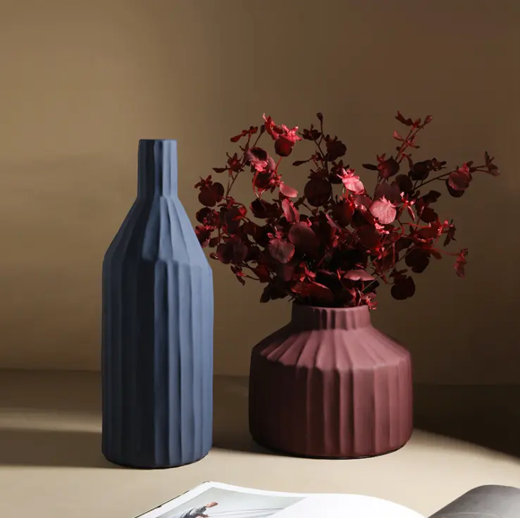 Yeni tasarım Morandi Modern seramik mavi çiçek geometrik vazo ev dekor için