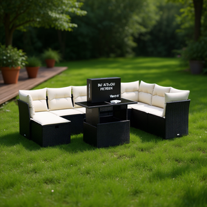 Ensemble de canapés de jardin en rotin noir avec coussins crème, mobilier d'extérieur au design contemporain, résistant à l'eau et aux UV, en rotin PE - Product Image 2