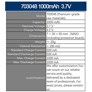 703048 1000mAh 3.7V เซลล์แบตเตอรี่ Lipo ความจุสูงแบบมืออาชีพสำหรับอุปกรณ์อิเล็กทรอนิกส์สำหรับผู้บริโภค - Product Image 2