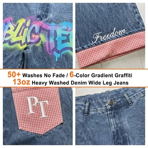 Pantalones Vaqueros Anchos de Mezclilla con Bordado Plano Desgastado Estilo Streetwear Personalizado, Ajuste Holgado, Estampado Digital, Parches a Cuadros, Jeans Rectos para Hombre - Product Image 2