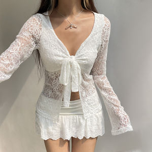 Cárdigan de Mujer con Encaje y Lazo Transparente, Ligero, Informal, Versátil, de Manga Larga para Verano - Product Image 1