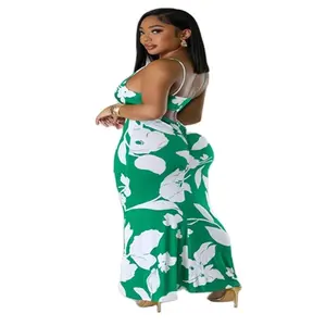 New temperament V-neck waisted backless printed fashion elegant women's dresses