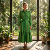 Chemise longue décontractée pour femme en mousseline jacquard à petits pois verts, col chemise, manches longues, ceinture à la taille naturelle, ourlet à volants, style streetwear romantique