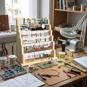 Expositor de madera de 4 niveles para pendientes con tarjetero y ganchos, soporte de exhibición de joyas para estuches y exhibiciones, expositor minorista de madera para venta. - Product Image 6