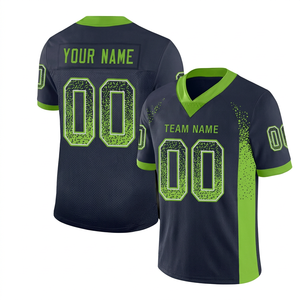 Maillot de football américain personnalisé, col en V, manches courtes, maille bleu foncé et vert, sublimé, anti-humidité, nom et numéro de l'équipe pour hommes - Product Image 1