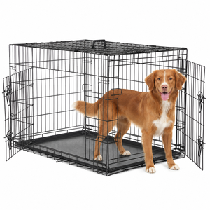 Cage pliable respirante en métal pour chiens et chats, double porte, robuste, avec panneau de séparation et plateau amovible, noire, vente en gros - Product Image 5