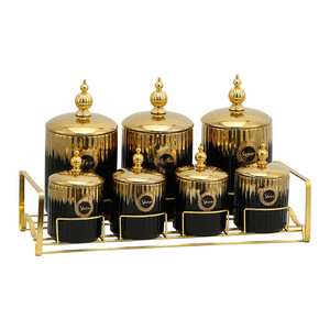 Luxus <span class=keywords><strong>Gold</strong></span> Heimküche 7er Keramikkanister Tee Kaffee Zucker Salzbehälter-<span class=keywords><strong>Set</strong></span> mit Bambusdeckel - Product Image 1