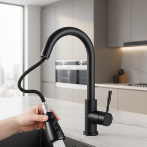 Robinet de cuisine extractible NES-CI253, <span class=keywords><strong>mitigeur</strong></span> chaud et froid, robinet d'évier rétractable, bec pivotant anti-éclaboussures, noir, usage domestique - Product Image 3