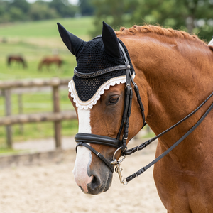 Gorro de malla personalizado de lana y algodón para caballo, negro con ribete de diamantes de imitación, sombrero de red transpirable, equipo de equitación - Product Image 3