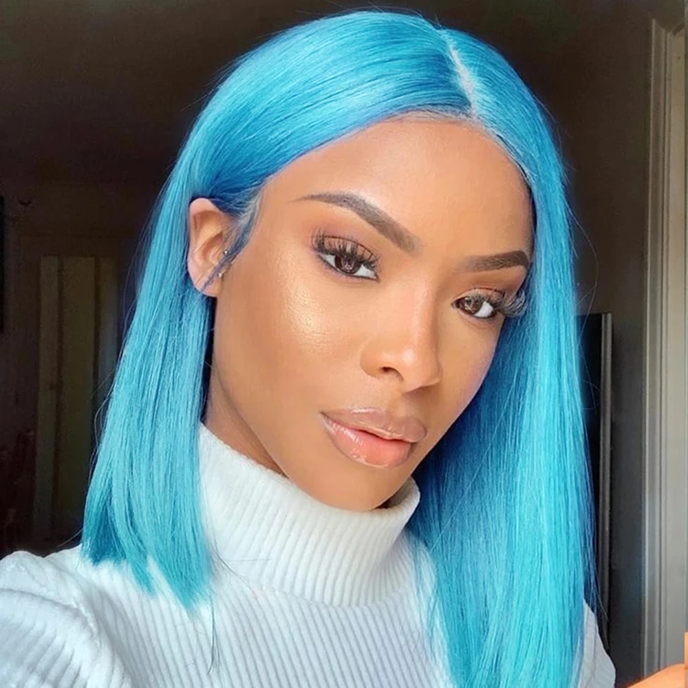 Light Blue Short Bob Lace Wigs Transparent 5X5 Lace Closure Human Hair Wigs Middle Part Brazilian Hair Wig 150% 8-14"