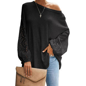 Vestidos de encaje de retazos de manga larga para mujer, Tops sueltos de punto a la moda, 2021 - Product Image 3