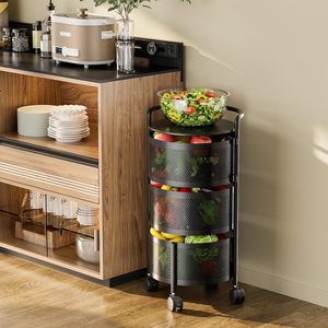 NOVISON <b>Kitchen</b> Rotating Shelf Foldable Multi-tier Metal <b>Rack</b> Wheels Portable Corrosion Protected Modern Design for Fruit - Product Image 3
