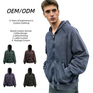 Sudadera con Capucha y Cremallera, Estilo Raglán, Lavado a la Piedra, Aspecto Desgastado, Algodón Grueso, Proveedor Mayorista de Alta Calidad - Product Image 1