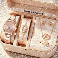 Montre de luxe pour femme en or rose, forme cœur, mouvement à quartz 32 mm, collier, boucles d'oreilles et bague sertis de diamants, ensemble cinq pièces