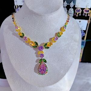 Collar de Moda con Circonitas de Lujo, Colorido, con Forma de Gota de Agua, para Mujer, Chapado en Oro de Tungsteno, Cadena con Ondas de Agua, Colgante Grande - Product Image 1