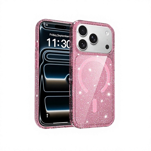Compatible for iPhone 18 Pro Max Glitter-Pink Acrylic High-Transparency Shockproof Protective Phone Case Lady Design