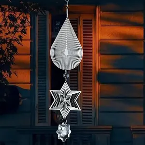 Large Water Drop Shaped Stainless Steel Rotating Wind Chimes Flower Shaped Crystal Pendant Balcony Decoration