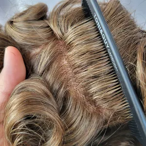 P-3-8 טופ קו שיער תחרה שוויצרית עם עור PU מסוקס מראה טבע הוליווד חום בהיר החלפת טופ לגבר שיער אדם